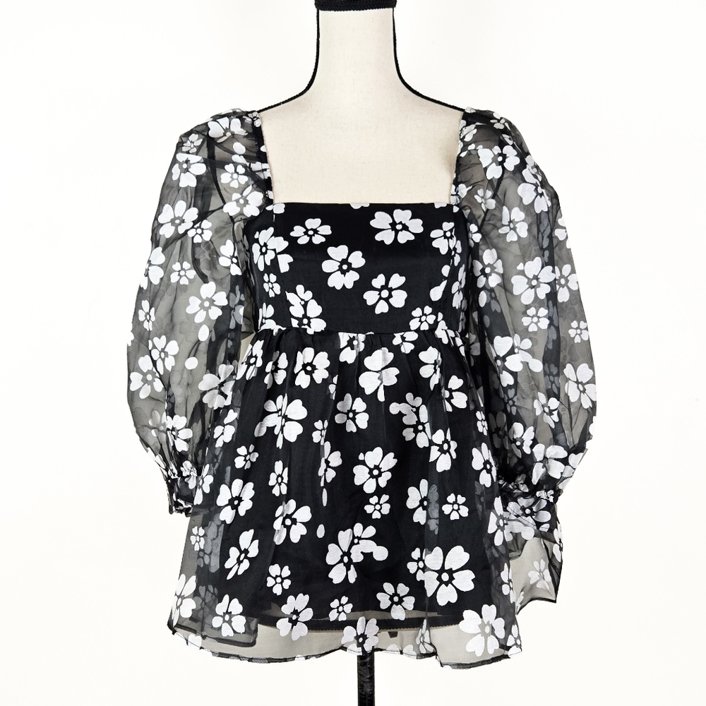 🦋LAST🦋 NWT Storia Black and White Floral Puff Sleeve Baby Doll Blouse